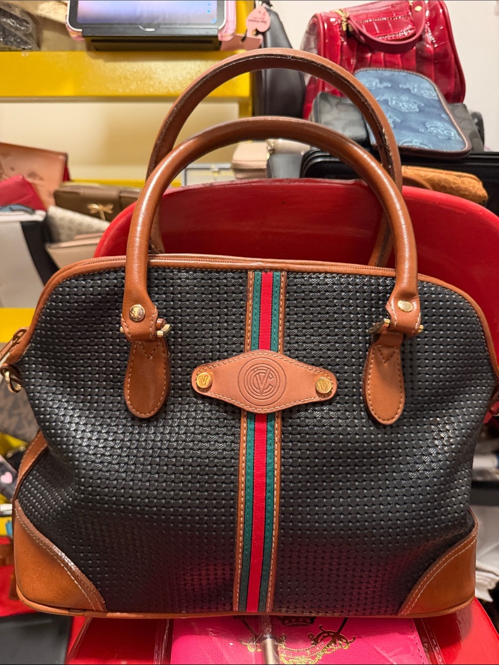 Classic Black Woven Tote with Brown Trim and Stripe Accent